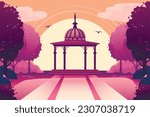 Horizontal landscape of a park in summer or spring at sunset in purple tones with a gazebo in the middle. Empty public place for rest and walks. Flat cartoon urban garden.