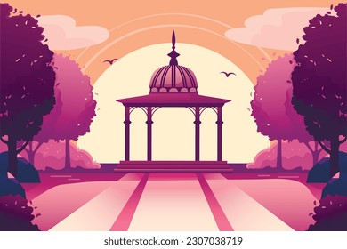 Horizontal landscape of a park in summer or spring at sunset in purple tones with a gazebo in the middle. Empty public place for rest and walks. Flat cartoon urban garden.