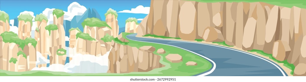 Horizontal oder Landschaft für Plakat der kleinen Kurve Asphaltstraße entlang der Bergkette. Über den Wolken schwebt Gebirgszüge und steile Klippen. Auf Hügeln mit grünem Gras. Hintergrund blauer Himmel.