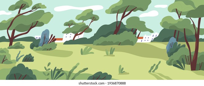 Horizontal landscape of public city park with trees and bushes in summer. Beautiful scenery of empty urban recreation area in daytime. Colored flat vector illustration of nature panorama