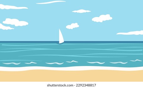 Horizontale Landschaft mit dem Meer und ein Segelboot in der Ferne. Strand und Meer in flachem Stil, Vektorgrafik. Himmel mit Wolken, Wellen auf dem Meer. Tapete mit einer Jahreszeit.