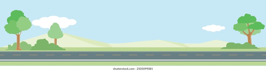 Horizontal or landscape of smooth asphalt road. On the wide grassland. There were grasses and trees growing on both sides. Softe color of mountain and blue sky with white clouds.