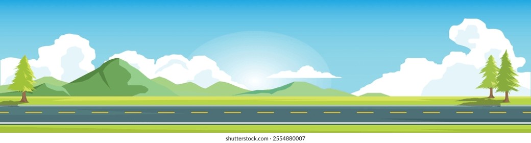 Horizontal or landscape of smooth asphalt road. On the wide grassland. There were grasses and tree of pine growing on both sides. Softe color of mountain and blue sky with white clouds.