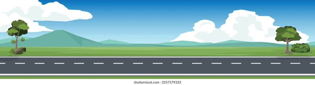 Horizontal or landscape of smooth asphalt road. On the wide grassland. There were grasses and trees growing on both sides. Softe color of mountain and blue sky with white clouds.