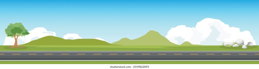 Horizontal or landscape of smooth asphalt road. On the wide grassland. There were grasses and tree and rocks growing on both sides. Softe color of mountain and blue sky with white clouds.