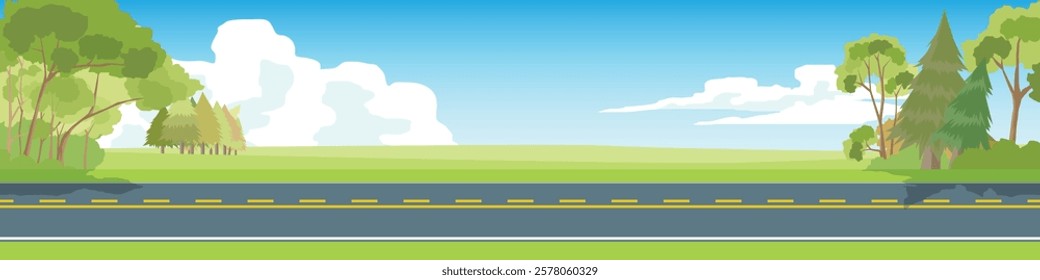 Horizontal or landscape of smooth asphalt road. On the wide grassland. There were grasses and tree and distant pine trees growing on both sides. Softe color of blue sky with white clouds.