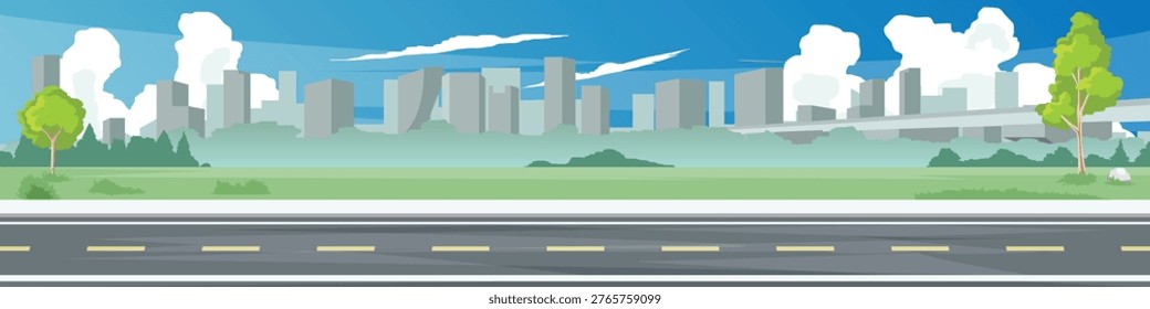 Horizontal or landscape of smooth asphalt road. On the wide grassland major city areas are with bridge on front used as a backdrop. Softe color of blue sky with white clouds. For banner background.