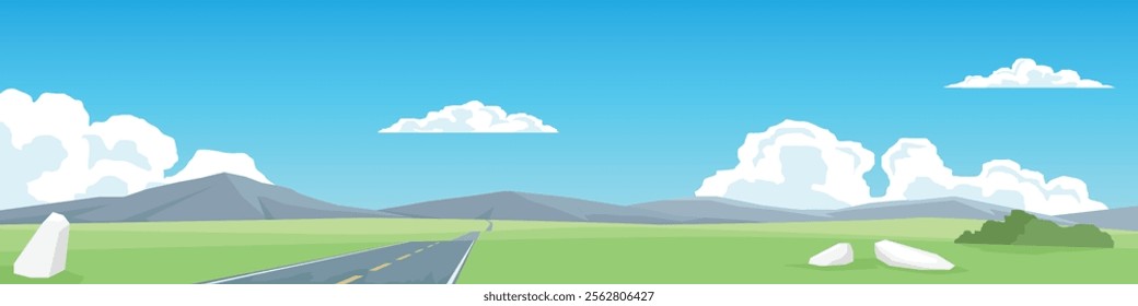 Horizontal or landscape of smooth hills and asphalt road. On the wide grassland. Grasses growing on both sides. Softe color of mountain and blue sky with white clouds.