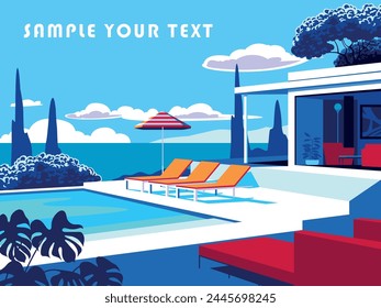 Horizontal landscape with swimming pool, sunbeds and mid-century house in the first plan and cypress trees and ocean in the background. Handmade drawing vector illustration. Pop Art style.