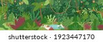 Horizontal landscape of tropical jungle. Panoramic view of dense forest with palms and lianas. Exotic colorful scenery of green rainforest with foliage plants. Colored flat vector illustration