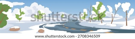 Horizontal or Landscape view of asphalt curved road. Road that passes through a snow covered path. Trees growing Day time. Snow covering the road in winter.