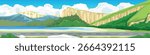 Horizontal or Landscape view of Asphalt road. Passing through the bay surrounded by mountains and lush green forests. Background is the cliffs of the mountains. Under the clouds and blue sky.