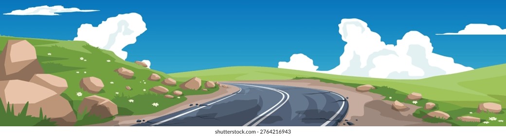 Horizontal or landscape view of asphalt road that curves up the hill. Path weathered by time. lined with meadows and flowers on the hillsides. Under blue sky and white clouds. for banner background.