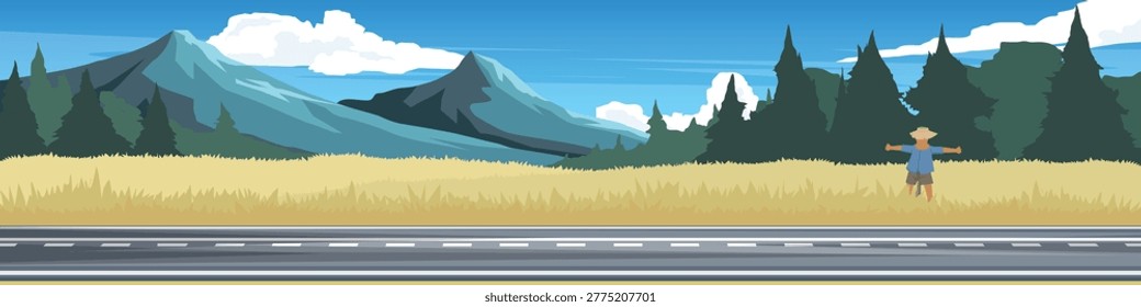 Horizontal or Landscape view of asphalt road with dry grass. Tall dry grassland with scarecrow man. Background of pine forest and mountain under blue sky and white clouds. for banner background.