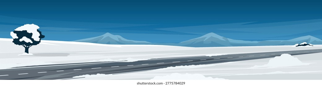 Horizontal or Landscape view of asphalt road that passes through a snow covered plain. Tree standing alone on a snow covered hill. Background of mountain under night sky.