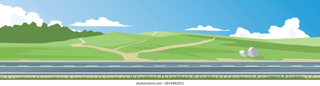 Horizontal or landscape view of asphalt road. Grass covered hills in Ranong, Thailand. Iconic rolling mounds are a popular roadside attraction inviting travelers to stop and take photos. For banner.