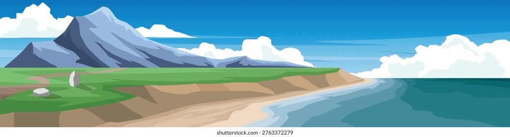 Horizontal or landscape view of coastal area with small cliffs and lowlands. vast ocean stretches to the side with towering mountains under blue sky and white clouds in the background.