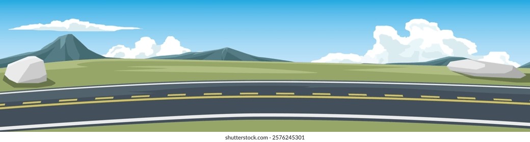 Horizontal or landscape view of curving road path on the slope of the asphalt road. Background of green grass is curved with white stone. Mountain under blue sky and white clouds.