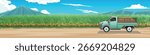 Horizontal or Landscape view of dirt road with a background of sugarcane farmland. Pickup trucks for agriculture. Driving man in side car. Background of mountain under blue sky and white clouds.