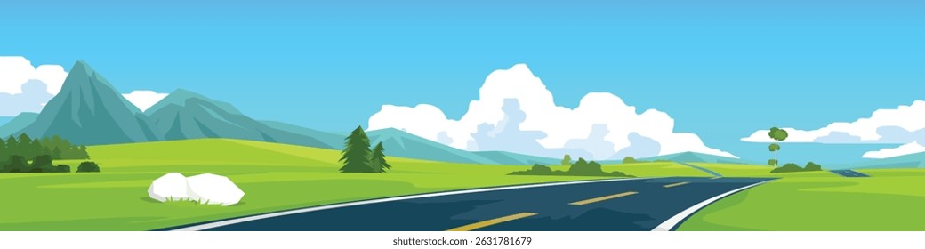 Horizontal or Landscape view illustration banner of asphalt road. Winding road leading straight to the valley. Green open fields and mountain under blue sky for background.