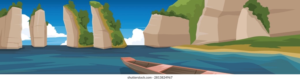 Horizontal or Landscape view of peaceful boat ride through the scenic Cheow Lan Dam in Surat Thani, Thailand. Featuring iconic limestone cliffs rising from the calm deep blue reservoir waters.