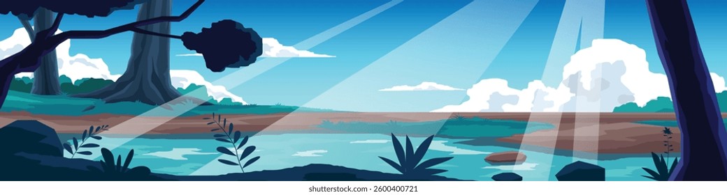 Horizontal or Landscape view of soil road to forest. Dirt road in a rural area that passes by a river in the forest.Tropical rainforest with grassland under blue sky and white clouds background.