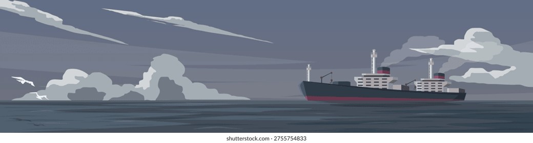 Horizontal or Landscape view of transport large oil tanker is sailing in the middle of the sea. Lonely and vast atmosphere at sea in the evening. Under the sky and clouds with free space.