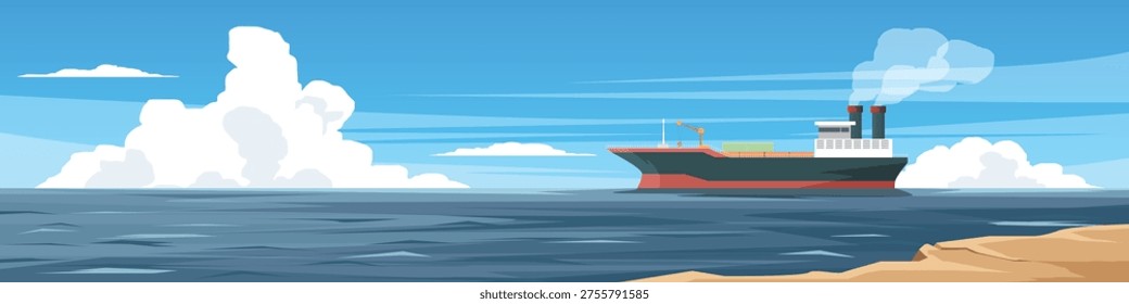 Horizontal or Landscape view of transport large cargo ships laden with minerals are located far out in the vast ocean. Land in front of it. Under blue sky and white clouds.