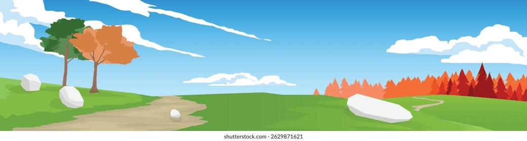 Horizontal or landscape view of walking path on a hillside. The pine trees are falling leaves in spring. Under the white clouds and clear sky.