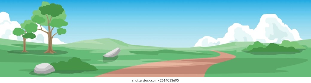 Horizontal or Lanscape view of dirt road winding up a hill. Trees are scattered across the vast grassy area. Distant mountains under the sky and white clouds.