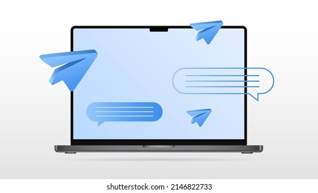Horizontal Laptop Mockup with Speech Bubbles and Paper Planes. Vector illustration