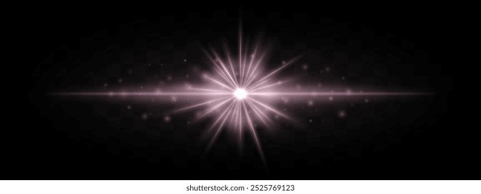 Horizontal laser beam with starburst effect and scattered glowing particles on a transparent background. Ideal for sci-fi, futuristic, or technology-themed designs.