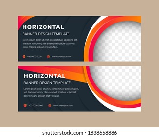 Horizontal layout of abstract banner with quarter circle space for photo. dark blue color background and pink orange gradient for element. 
