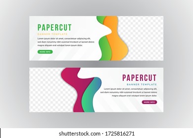 Horizontal Layout Of Banner Design With Abstract Paper Cut Texture For Brochure Cover, Leaflet, Poster. Modern Vector Multi Color Layers Template. Space For Photo On Side. Diagonal Transparency White.