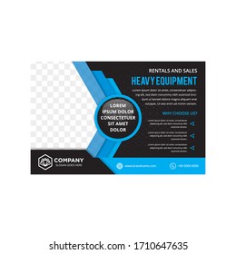 Horizontal layout of Heavy equipment construction tool use polygonal pattern on black background and blue artis for element designs and as border of image or photo.