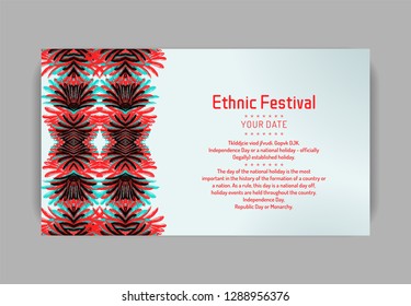Horizontal layout with national pattern and text. To be used for invitation card of ethnic festival.