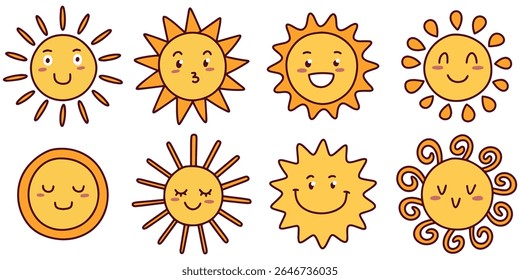 Layout horizontal com um conjunto de vários rostos de sol desenhados à mão mostrando diferentes emoções, de sorridente a sonolento, em estilo lúdico