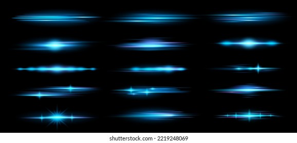 Horizontal lens flares. Blue horizontal light rays, luminous lines glow effect and anamorphic flare overlay vector set of shine blue light background illustration