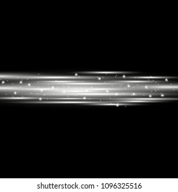 Horizontal lens flares, light rays with sparks on black background, light effect, white color