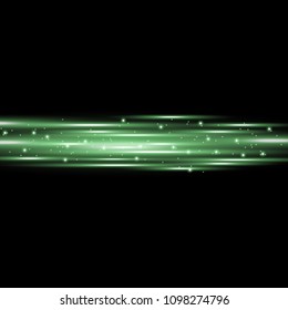 Horizontal lens flares, light rays with sparks on black background, light effect, green color