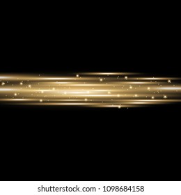 Horizontal lens flares, light rays with sparks on black background, light effect, golden color