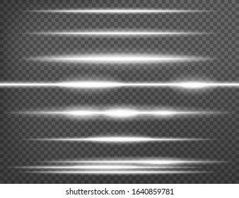 Horizontal lens flares pack. Laser beams, horizontal light rays isolated on transparent background. Vector illustration. Eps 10.