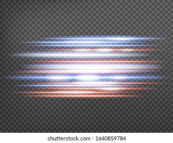 Horizontal lens flares pack. Laser beams, horizontal light rays isolated on transparent background. Vector illustration. Eps 10.