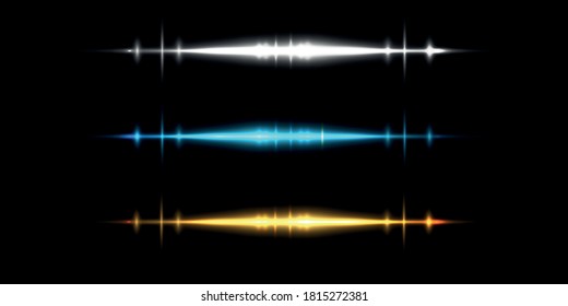 Paquete de bengalas horizontales de С colores, vigas láser, bombilla. Rayos claros Luces Brillo luminoso dorado de la línea brillante sobre un fondo transparente Rasgos brillantes. Luminosas líneas de destello abstractas. Vector