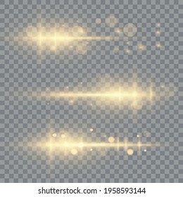 horizontal lens flares pack, laser beams, light flare. Light rays Glow line bright golden glare on transparent background Glowing streaks. Luminous abstract sparkling lines. Vector illustration