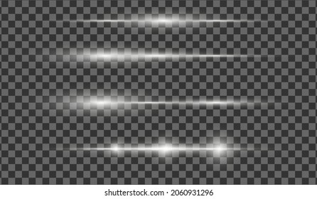 Paquete de bengalas horizontales. Vigas láser, rayos de luz horizontales. Bellas llamaradas. Rasgos brillantes sobre fondo oscuro. Luminoso fondo brillante abstracto.