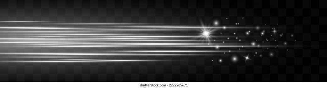Paquete de bengalas horizontales. Vigas láser, rayos de luz horizontales. Bellas llamaradas. Rasgos brillantes sobre fondo oscuro. Luminoso fondo brillante abstracto.