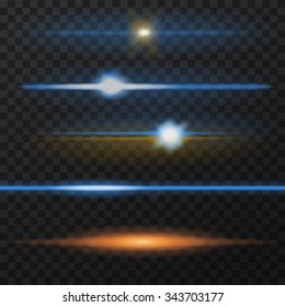 Paket mit horizontalen Objektivfackeln. Horizontale Lichtstrahlen. Vektor, eps10. Blau und Orange