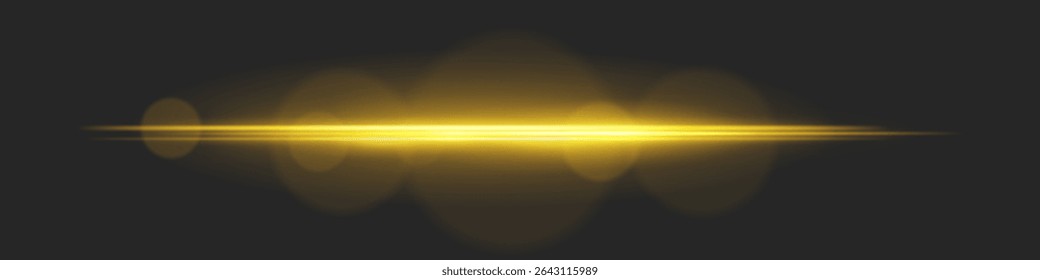 Horizontal light beam with intense glow and lens flare circles on black background. Ideal for cinematic transitions, sci-fi UI effects, or dramatic glowing overlays.