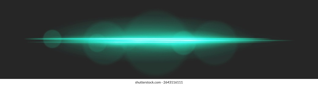 Horizontaler Lichtstrahl mit intensivem Glanz und Linsenfackelkreisen auf schwarzem Hintergrund. Ideal für filmische Übergänge, Science-Fiction UI-Effekte oder dramatische glühende Overlays.